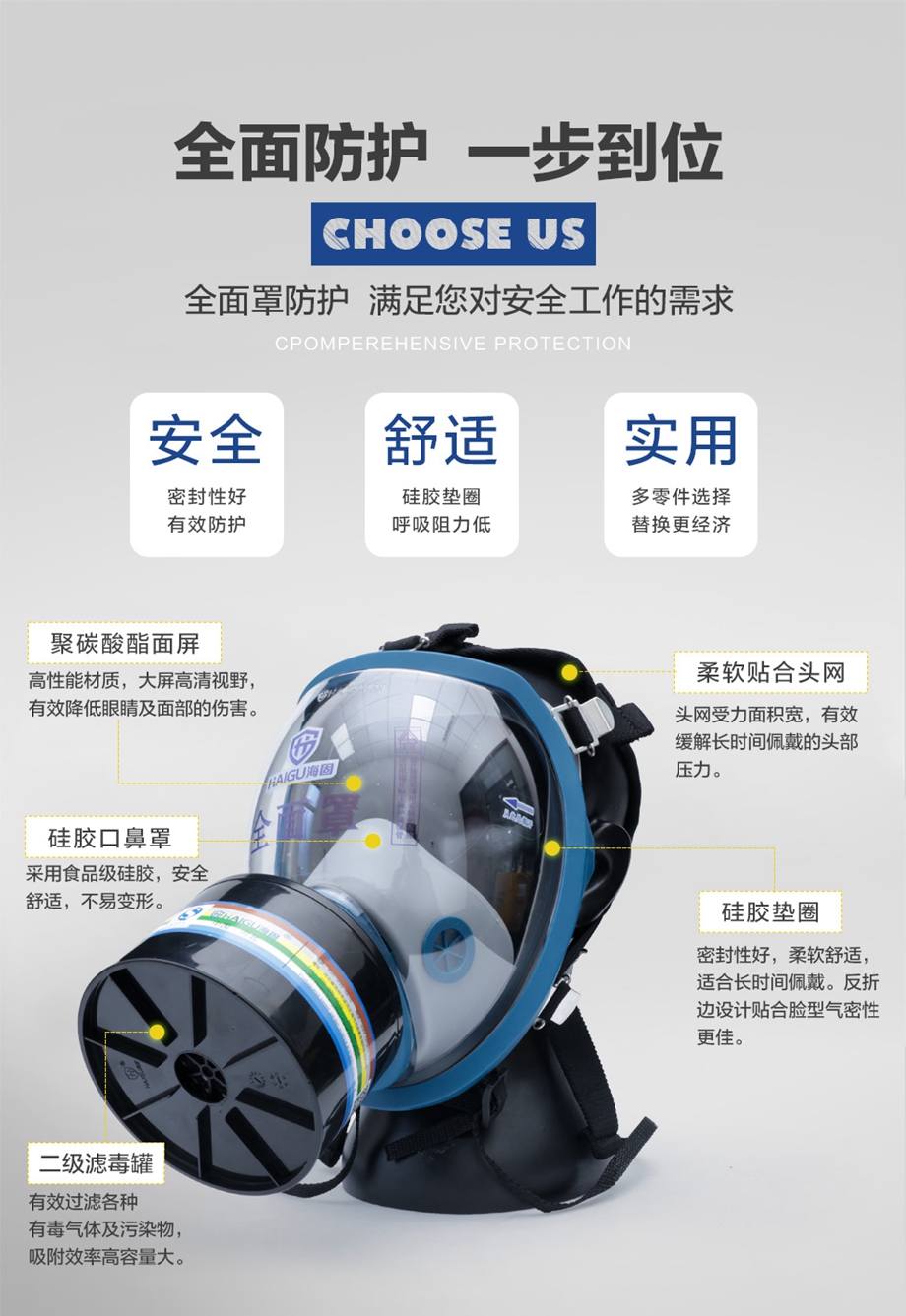 海固HG-800全面罩+D-A/B/E/K/H2S/CO-2 多功能活性炭滤毒罐 综合气体防护套装