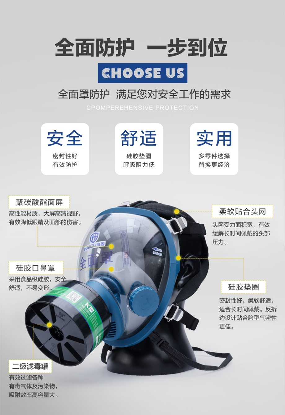海固800D全面罩+HG-ABS/P-K-2滤毒罐 氨气防毒面具套装