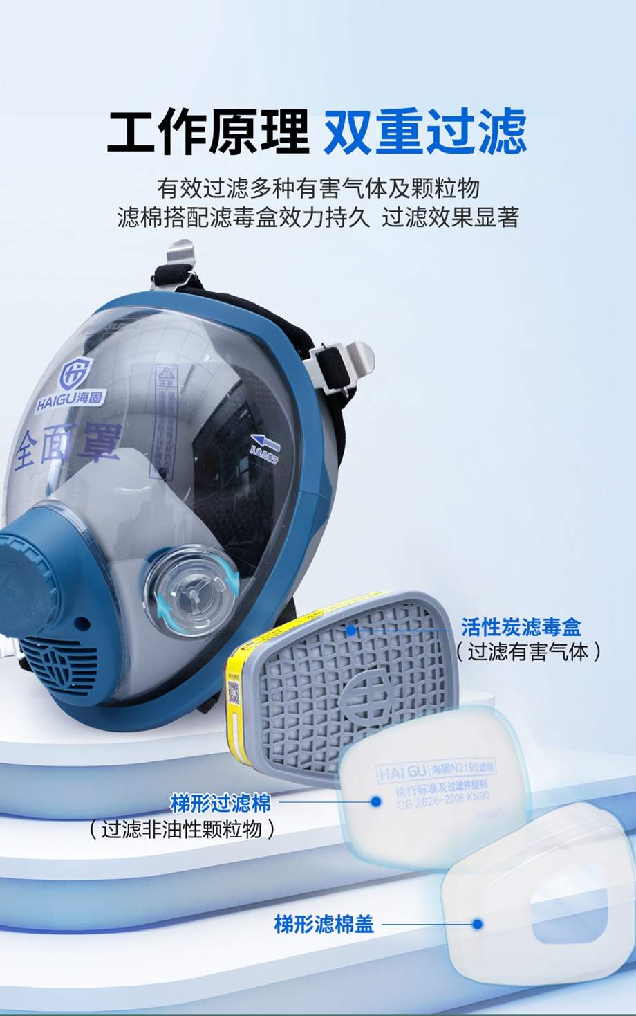 海固800D全面罩+P-E-1酸性气体滤毒盒+N2190滤棉+T形滤棉盖 防尘防毒套装