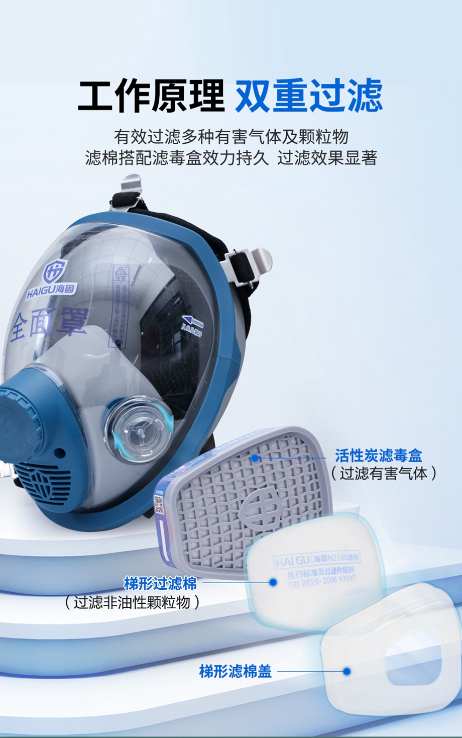 海固800D全面罩+P-H2S-1硫化氢滤毒盒+N2190滤棉+T形滤棉盖 防尘防毒套装