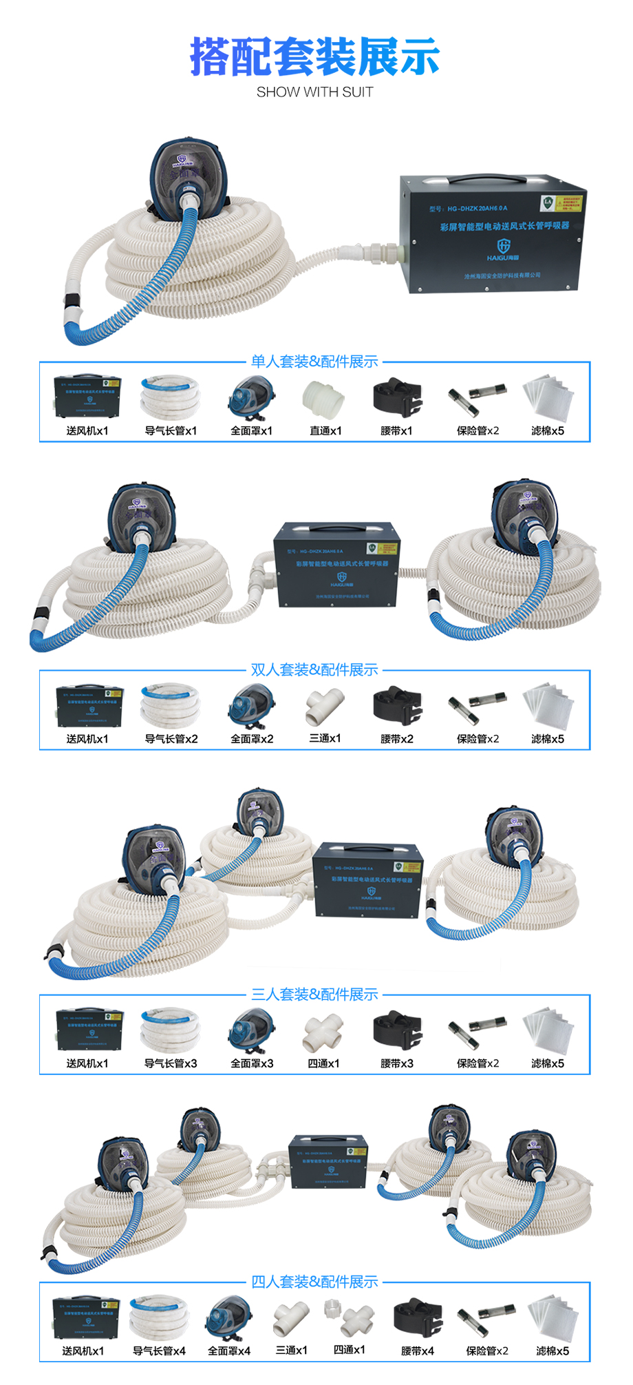 海固HG-DHZK20AH6.0A智能型彩屏 全面罩 四人电动送风式长管呼吸器
