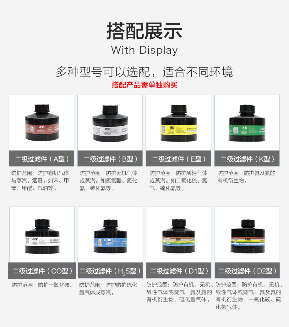 海固800全面罩+D-A/B/E/K/H2S-2滤毒罐 综合防毒气套装
