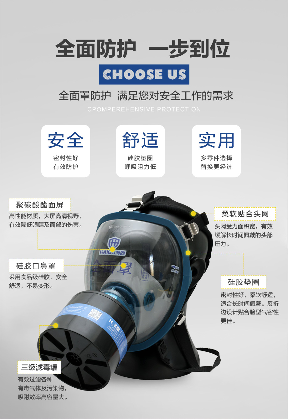 海固800全面罩+HG-ABS/P-H2S-3滤毒罐 硫化氢气体防护套装