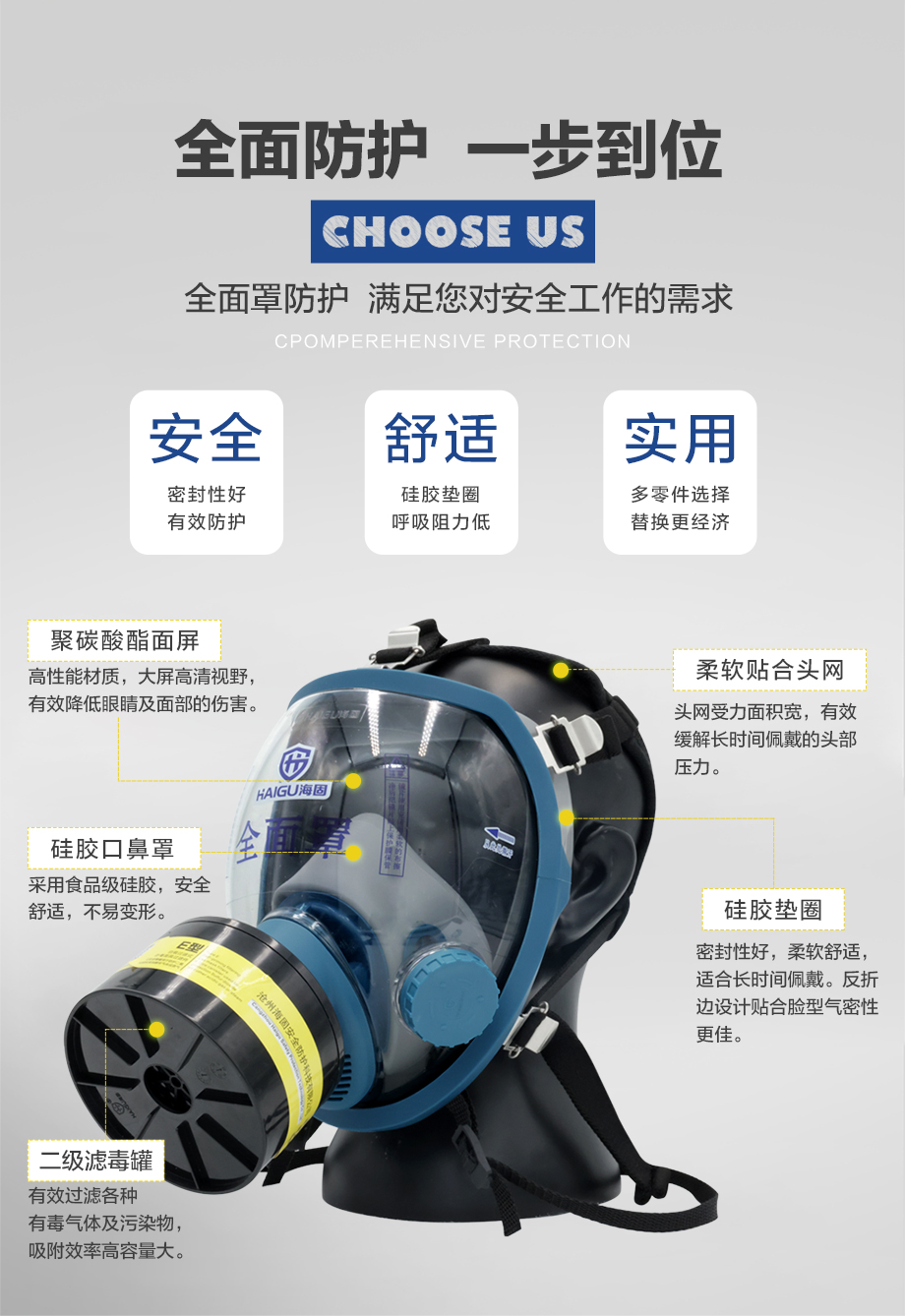 海固800D全面罩+HG-ABS/P-E-2滤毒罐 酸性气体防护套装