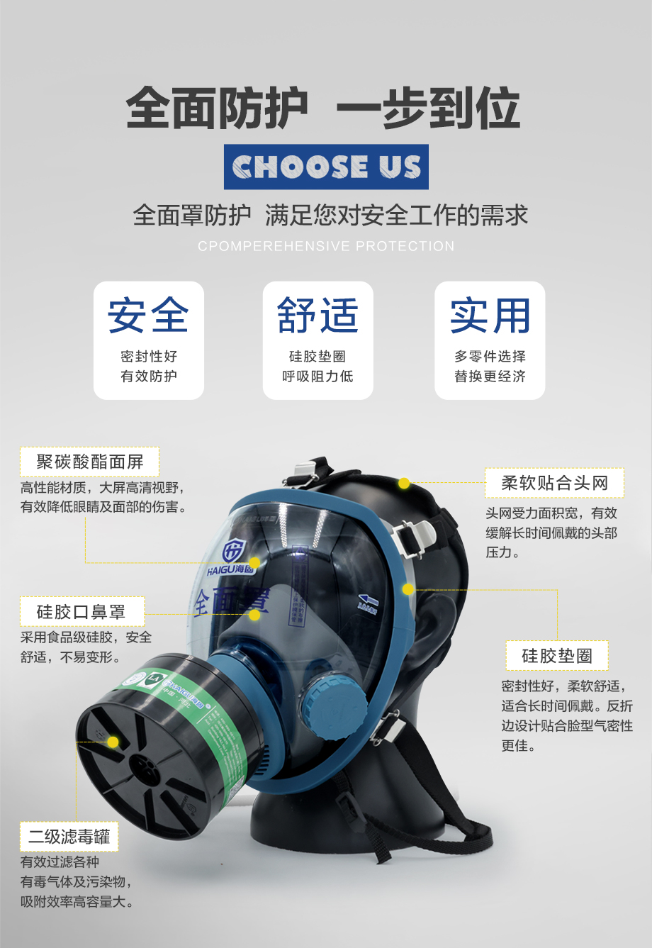 海固800D全面罩+HG-ABS/P-K-2滤毒罐 氨气防毒面具套装