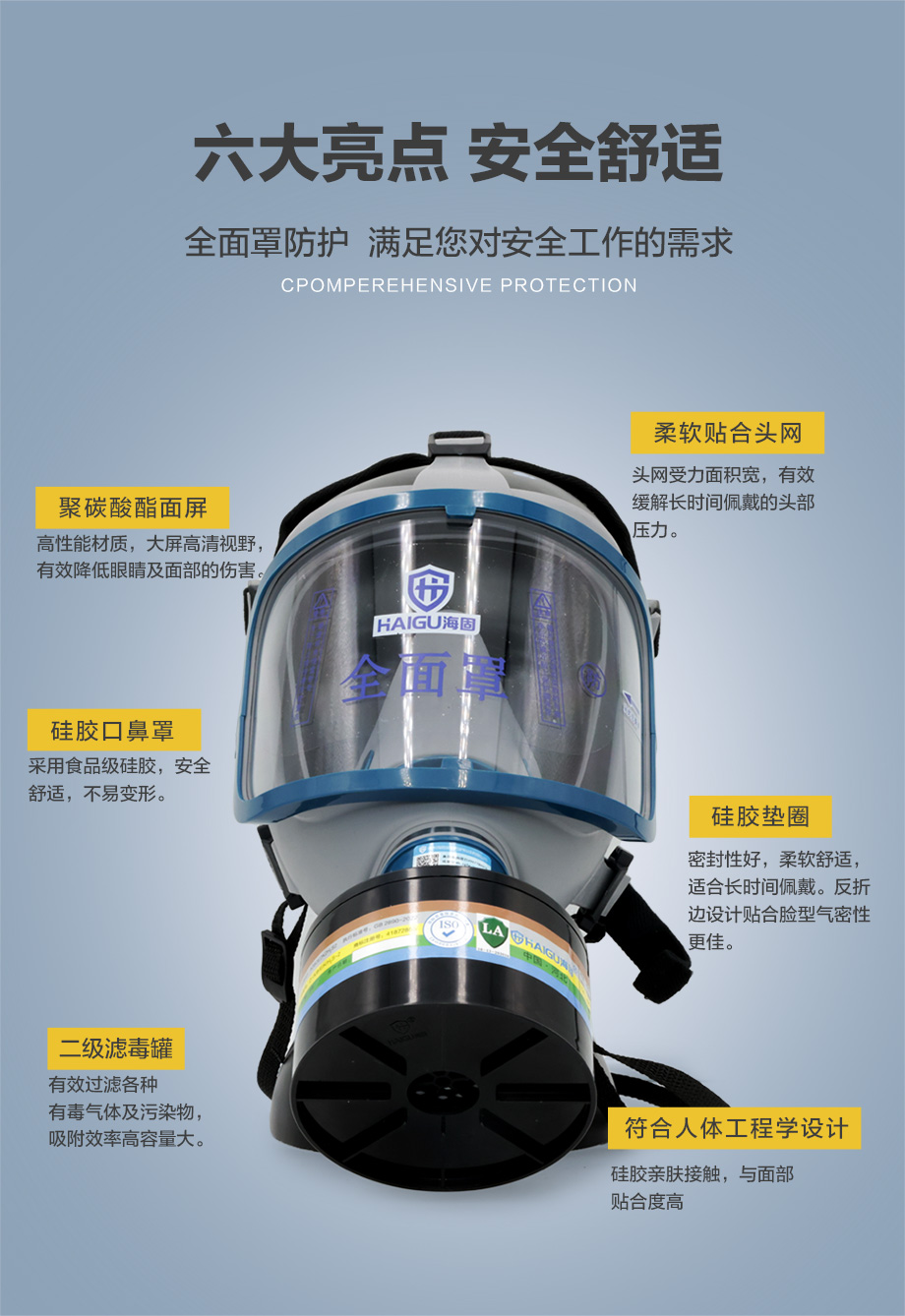 海固911全面罩+D-A/B/E/K/H2S-2滤毒罐 综合防毒气 活性炭面具