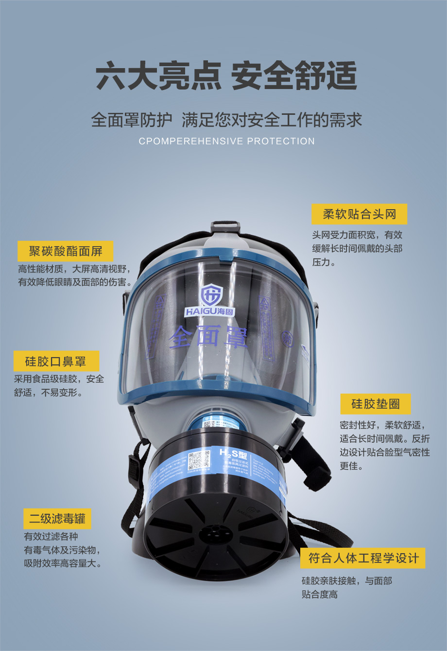 海固911全面罩+HG-ABS/P-H2S-2滤毒罐 硫化氢活性炭防毒面具