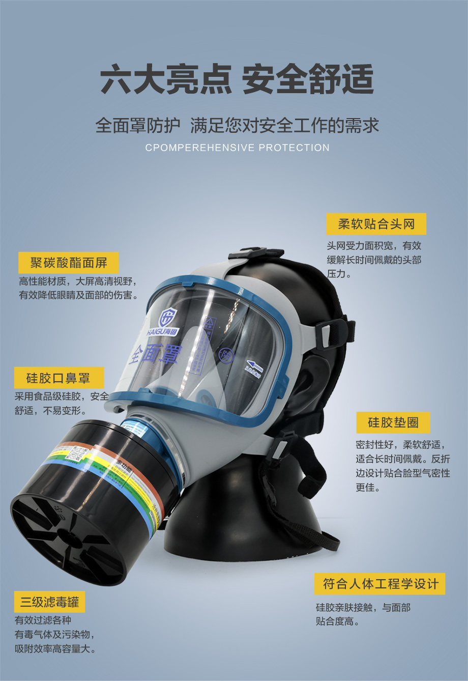 海固911全面罩+D-A/B/E/K/H2S-3滤毒罐 综合防毒气 活性炭面具